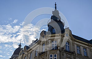 A nice old building architecture with spire at Lviv historical center, Ukraine