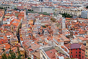 Nice old town, French Riviera, France. View from above to the city rooftops and narrow streets.
