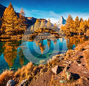 Nice outdoor scene with Matterhorn / Cervino peak. Calm morning view of Grindjisee lake. colorful autumn scene of Swiss Alps, Zerm