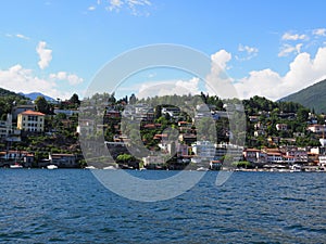 Nice panorama of Lake Maggiore landscape and swiss cityscape of european city of Ascona at alpine riviera, SWITZERLAND