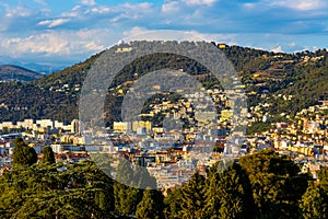 Nice panorama with Riquier, Cimiez and Saint Roch historic old town with Alpes mountains at French Riviera in France