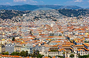 Nice panorama with Riquier, Cimiez and Saint Roch historic old town districts with Alpes at French Riviera in France