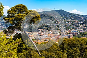 Nice panorama with Riquier, Cimiez and Saint Roch historic old town districts with Alpes mountains in France