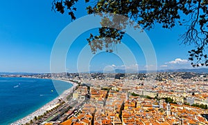 Nice panorama with Vieille Ville old town district, Promenade des Anglais boulevard and beach at French Riviera in France