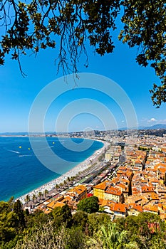Nice panorama with Vieille Ville old town district, Promenade des Anglais boulevard and beach at French Riviera in France