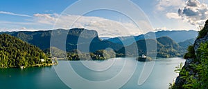 Nice panoramic view of the mountain Lake Bled during sunset from the wall of a medieval castle, located on the shore of the lake