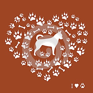 Nice picture of chihuahua silhouette on a background of dog track in the form of heart.