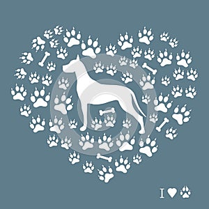 Nice picture of great dane silhouette on a background of dog tracks and bones in the form of heart.