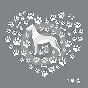 Nice picture of great dane silhouette on a background of dog tracks and bones in the form of heart.