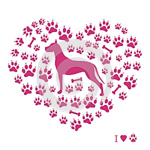 Nice picture of great dane silhouette on a background of dog tracks and bones in the form of heart.