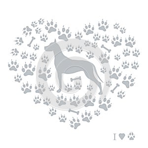 Nice picture of great dane silhouette on a background of dog tracks and bones in the form of heart.