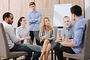 Nice pleasant people participating in the group discussion