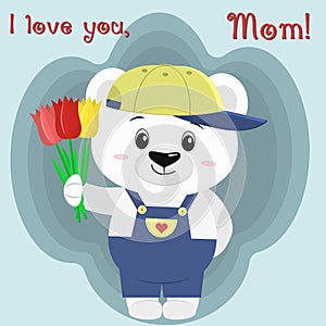 A nice polar bear holds three tulips. Congratulations on your mother`s day, in the style of cartoons.