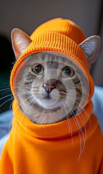 Nice portrait of an adorable cat dressed in a hat and an orange wool sweater