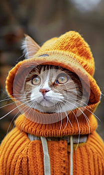 Nice portrait of an adorable cat dressed in a hat and an orange wool sweater