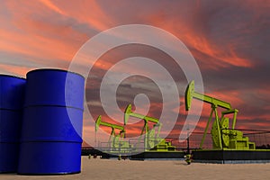 Nice pumpjack oil extraction and cloudy sky in sunset with on oil barrels 3D rendering photo
