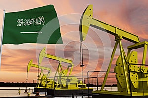 Nice pumpjack oil extraction and cloudy sky in sunset with the Saudi Arabia flag photo
