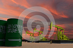 Nice pumpjack oil extraction and cloudy sky in sunset with the SAUDI ARABIA flag on oil barrels 3D rendering