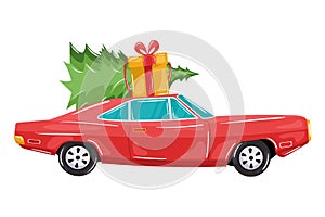 Nice red car carrying christmas tree and gift box