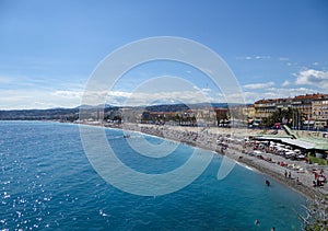 Nice - Scenic aerial view of the beach and promenade des Anglais in Nice, Cote d\'Azur, Provence, France