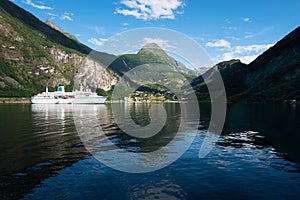 Nice scenic views of the high cliffs and deep waters of the beautiful UNESCO Geiranger Fjord