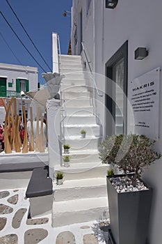 Nice Stairs That End In Typical Blue Doors In The Picturesque Streets Very Narrow In Chora Island Of Mikonos .Arte History Archite