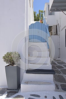 Nice Stairs That End In Typical Blue Doors In The Picturesque Streets Very Narrow In Chora Island Of Mikonos .Arte History Archite