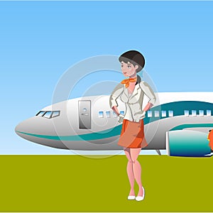 Nice stewardess in uniform pointing to the airplane