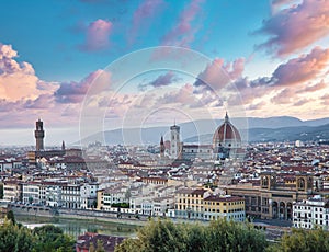 Nice sunny skyline of Florence. Panoramic view, aerial skyline of Florence Firenze Cathedral of Santa Maria del Fiore, Ponte