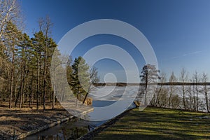 Nice sunny winter day near Rozmberk pond in south Bohemia