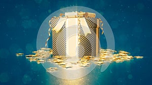 nice surprise gift box with gold stars on blue - christmas concept - abstract 3D illustration