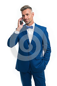 Nice to hear. Entrepreneur control business phone call. Asking for assistance. Businessman call smartphone delegation