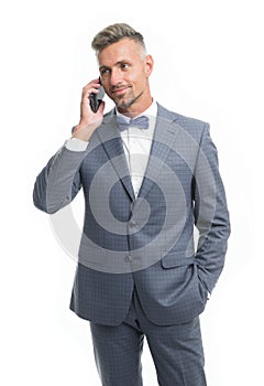 Nice to hear. Entrepreneur control business phone call. Asking for assistance. Businessman call smartphone delegation