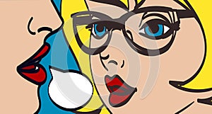 Nice vector pop art retro comic illustration. Woman whispering gossip or secret to her friend. Speech bubble. Eps 10