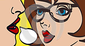 Nice vector pop art retro comic illustration. Woman whispering gossip or secret to her friend. Speech bubble. Eps 10