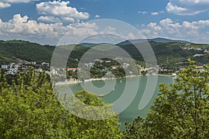 Nice view of Abrau-Durso Lake in Caucasus mountains