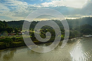 nice view over the river and houses at sunset time