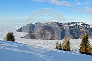 Nice view on peak Rigi and Lake Lucerne covered by dense layer of clouds as seen from Niederbauen