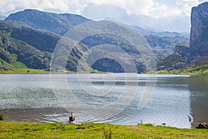 Nice views of Ercina Lake in Covadonga, Asturias, Spain, with a black dog taking a dip into it