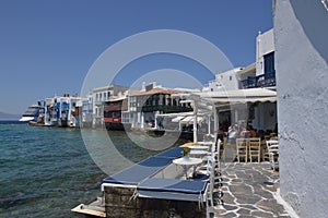 Nice Views Of The Little Venice Neighborhood In The City Of Chora On The Island Of Mykonos. Art History Architecture.