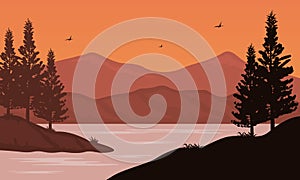 Nice views mountains at twilight in the afternoon with silhouette spruce trees. Vector illustration
