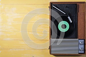 Nice vintage record player with a vinyl record view from above