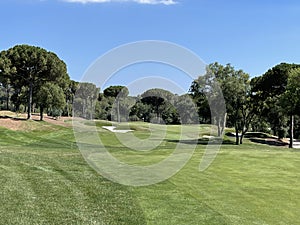 Approach shot of a golf hole with bunker, green and  trees