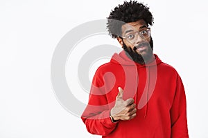 Nice work, proud of you. Portrait of supportive delighted african american male project manager in glasses with beard