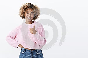 Nice, you did best. Portrait of happy cute and outgoing african american female model with blond haircut smiling