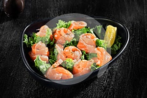 nice yummy salmon salad in grey back