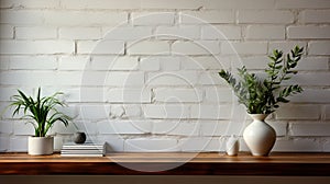 Nicely decorated wood shelf with potted plants, vase of flower, books and interior decor on white brick wall background