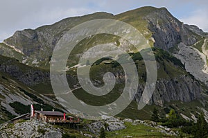 Haidachstellwand peak in Rofan Alps with Mauritzalm in foreground, The Brandenberg Alps, Austria, Europe