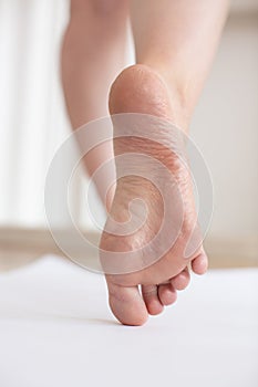 Nicely nursed women`s feet on white background