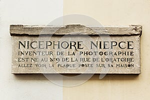 Nicephore Niepce, photography inventor, memorial plate in Chalon-sur-Saone, France.